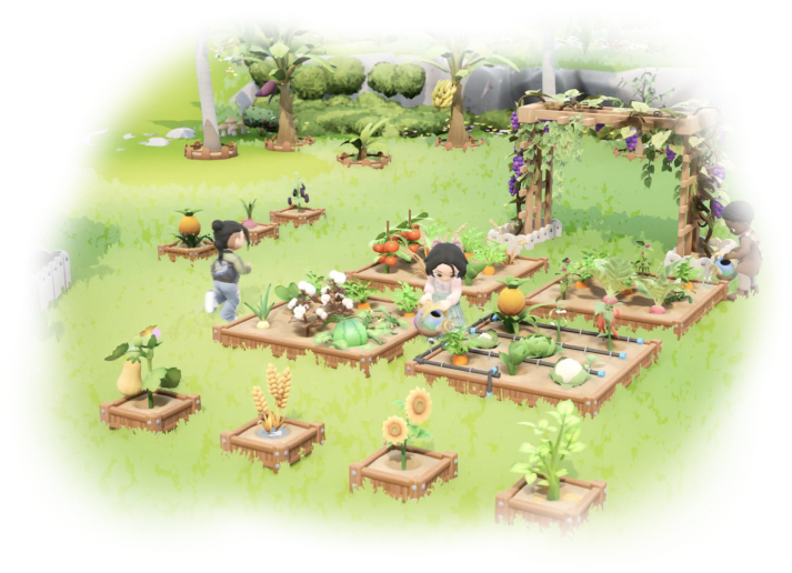 A character tending to a farm in Loftia