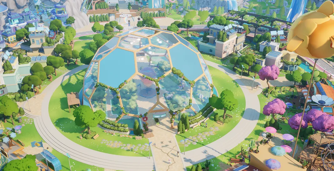 Aerial view of the glass dome in the middle of Loftia City