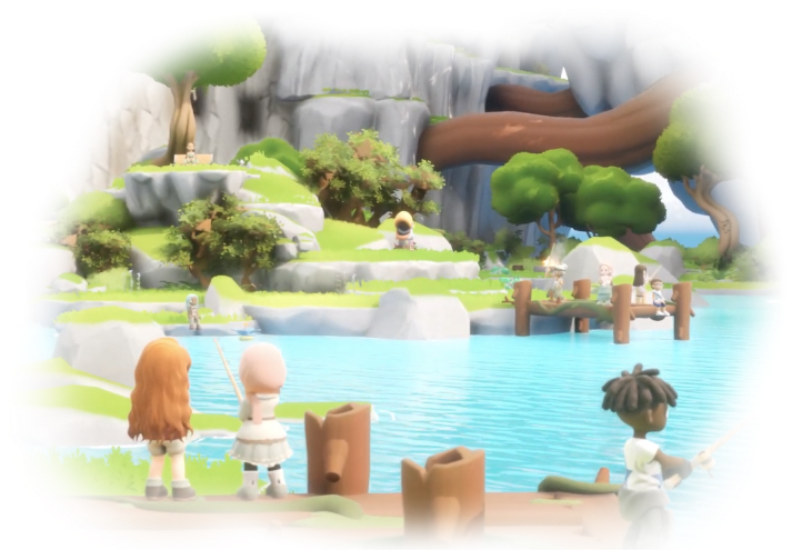 Characters exploring, gathering and crafting in Loftia