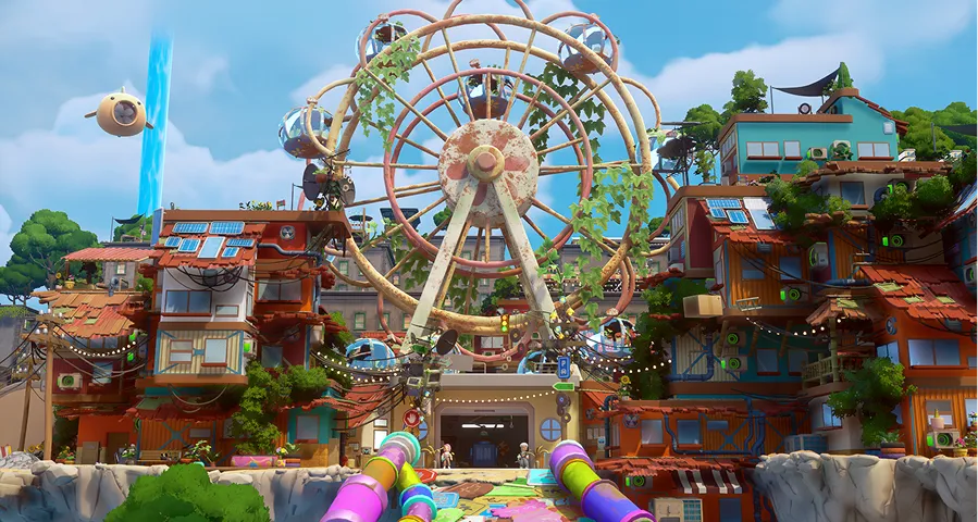 Gridfall, a district of stacked buildings around a Ferris wheel