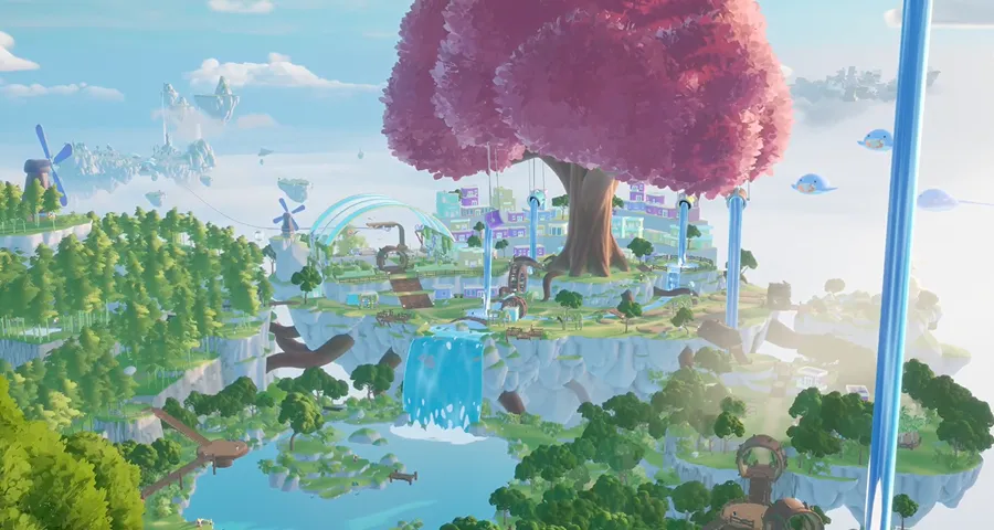 The Hanging Gardens, a floating island with a giant pink tree and waterfalls