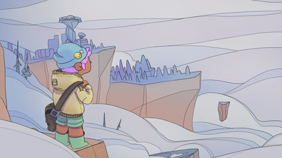 Art of the world of Loftia, with a player overlooking the city from a distance in the winter
