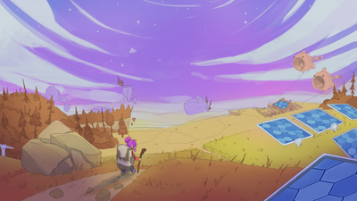 Art of the world of Loftia, with a player hiking through a field of solar panels